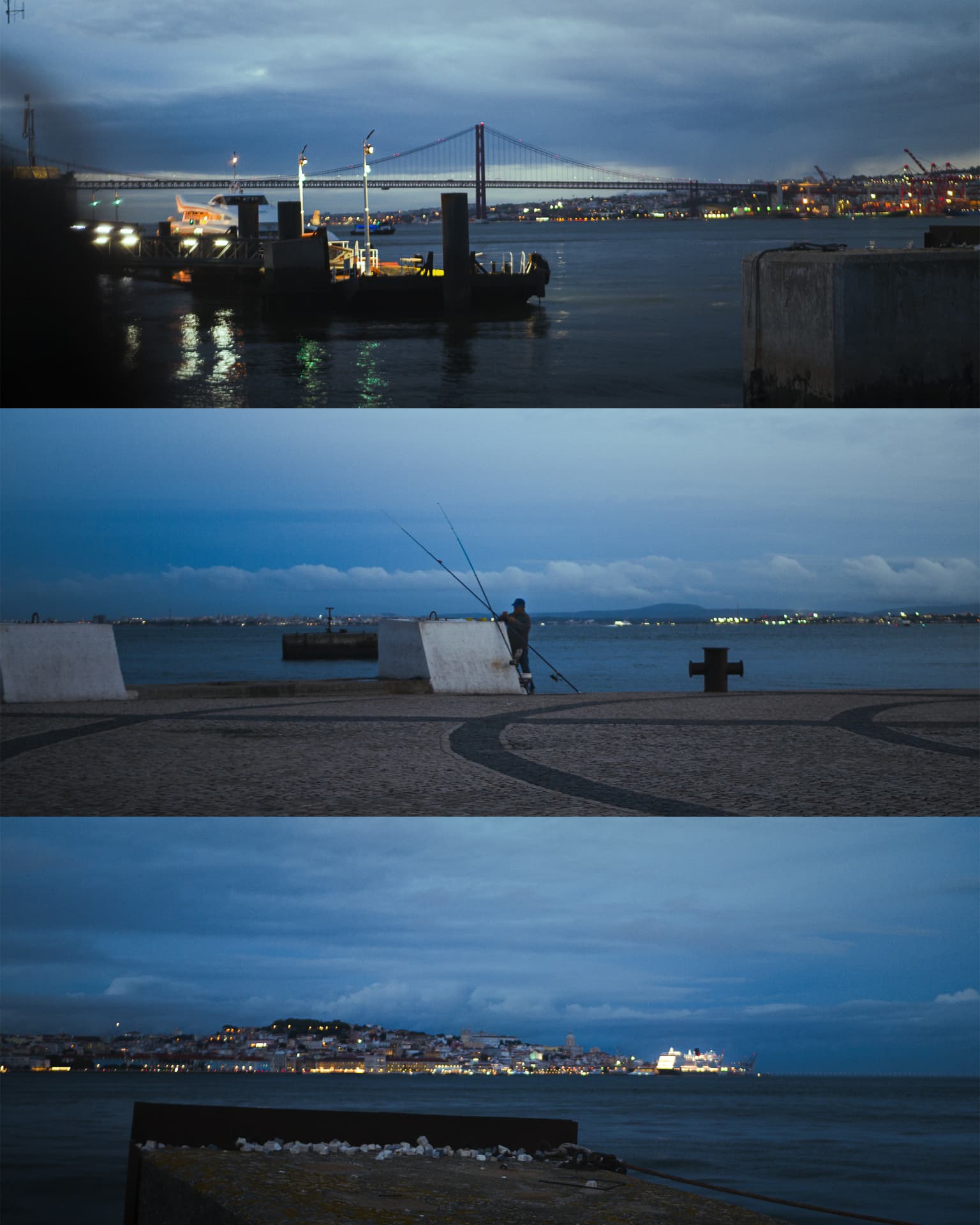 Three-panel composition of the Lisbon waterfront, a distant bridge and the coastline