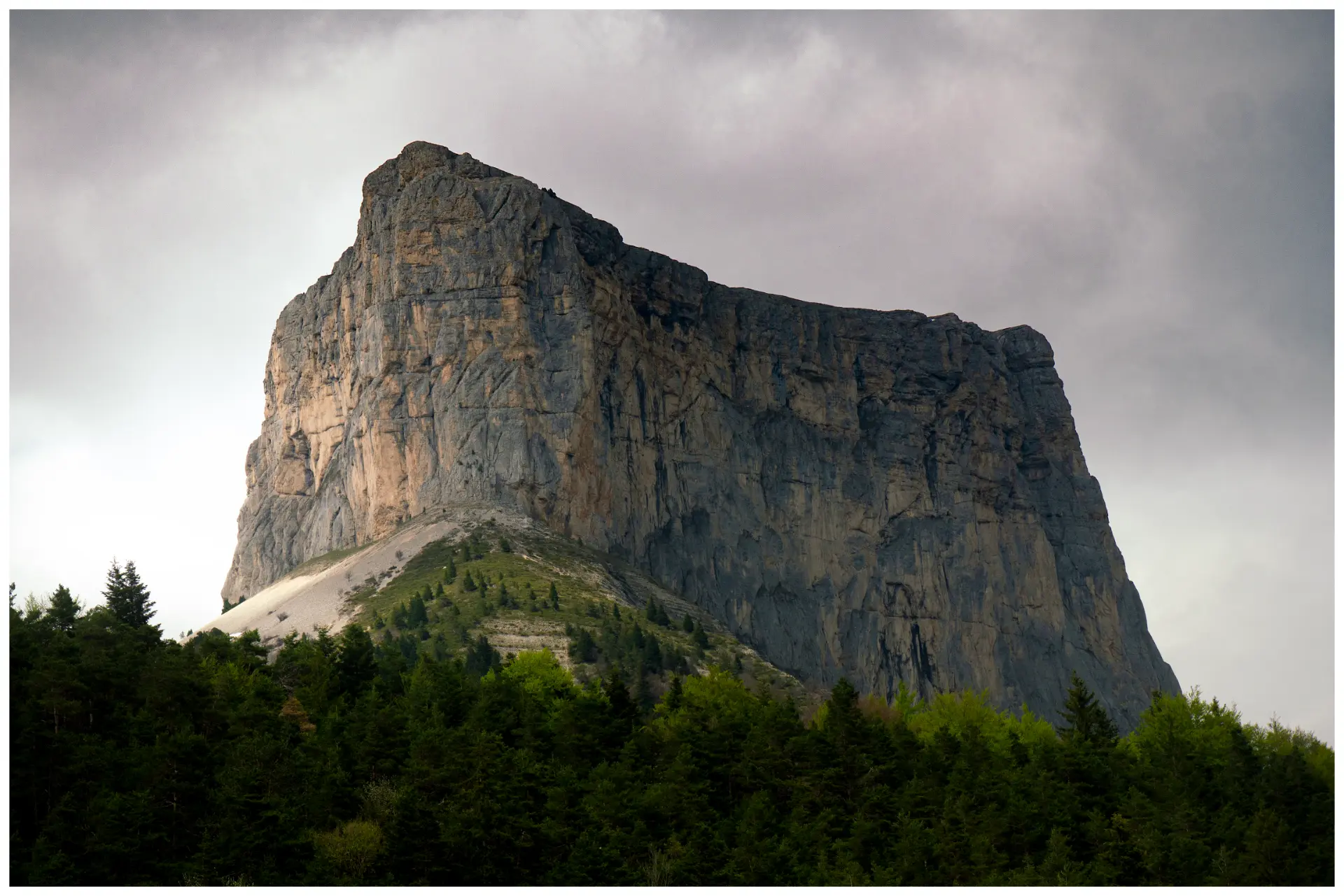 A monumental rock cliff rising above the forest