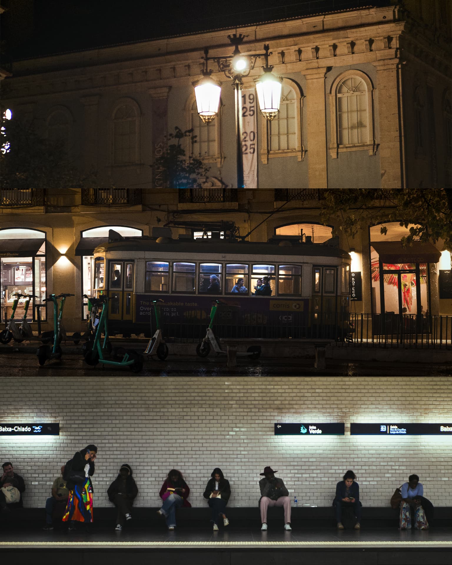 Three-panel composition of Lisbon night streets, a tram and a metro platform