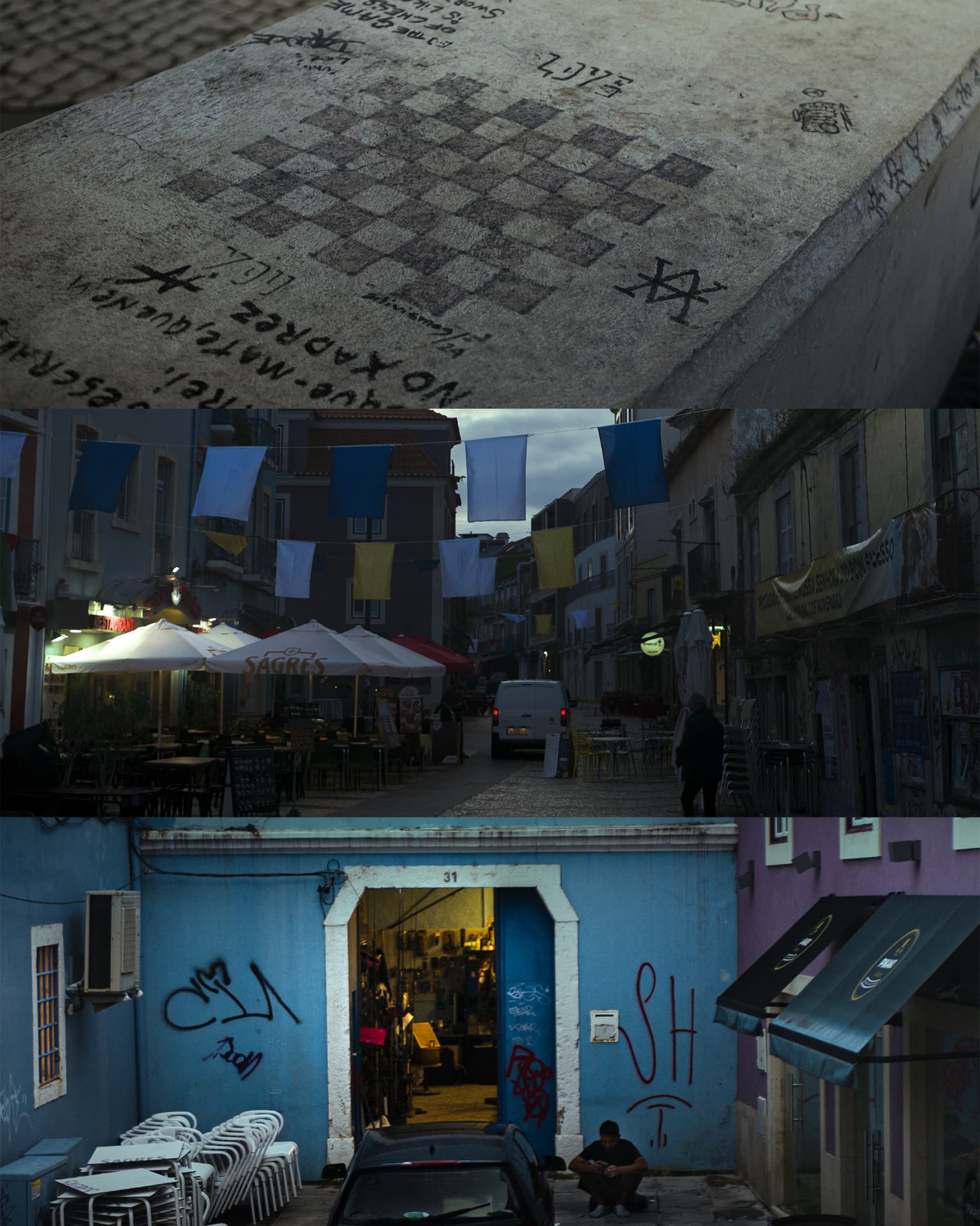Three-panel composition of urban details, a street with flags and colorful facades
