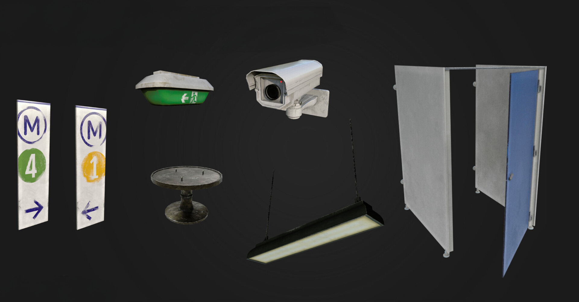 Environment props — signage, security camera, lighting fixtures and doors