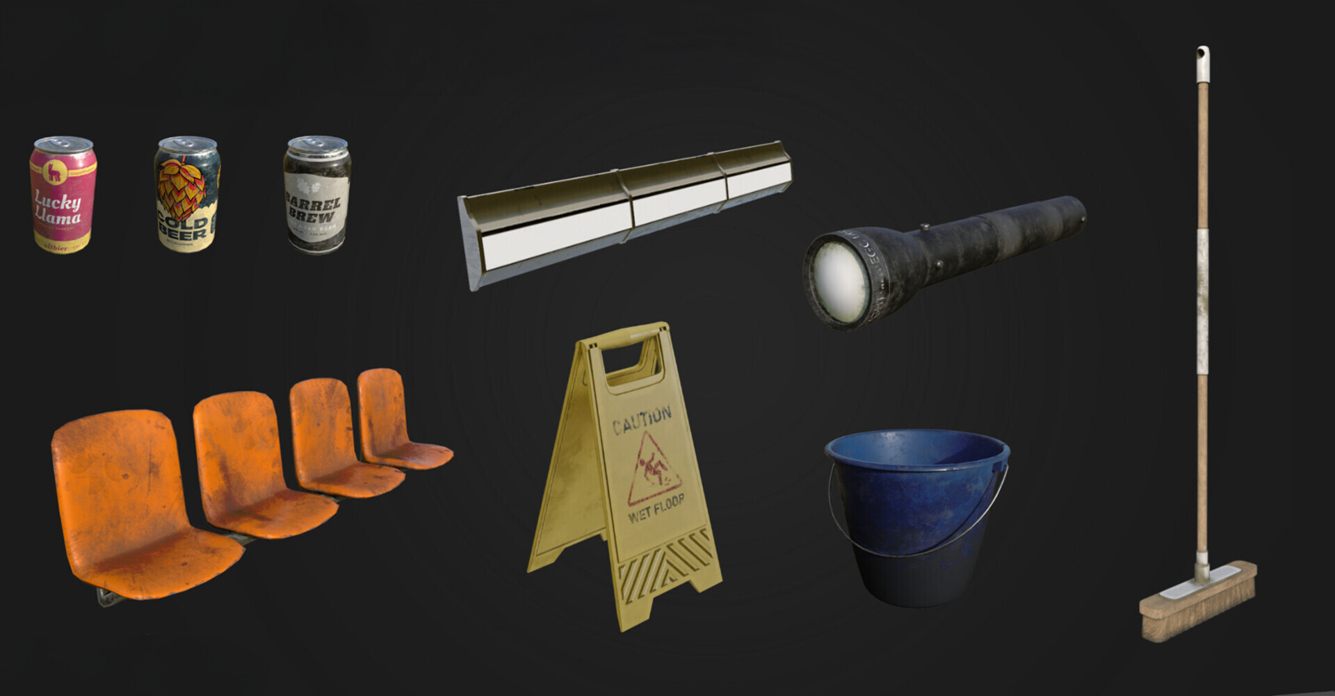 Environment props — seats, safety sign, flashlight and maintenance items