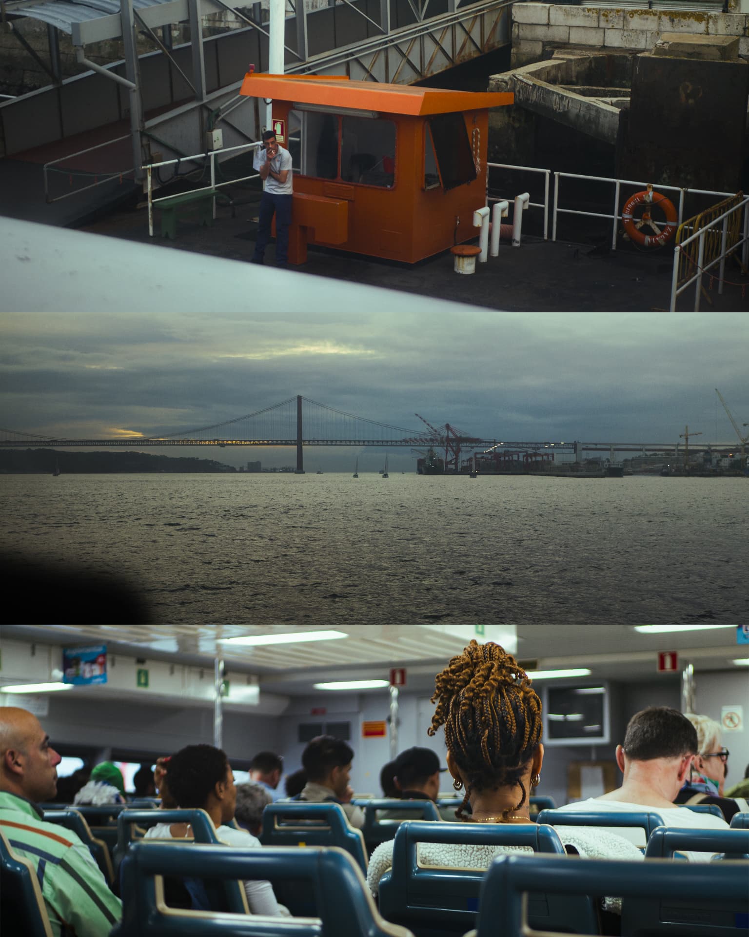 Three-panel composition of a harbor worker, a bridge over the water and people aboard a ferry