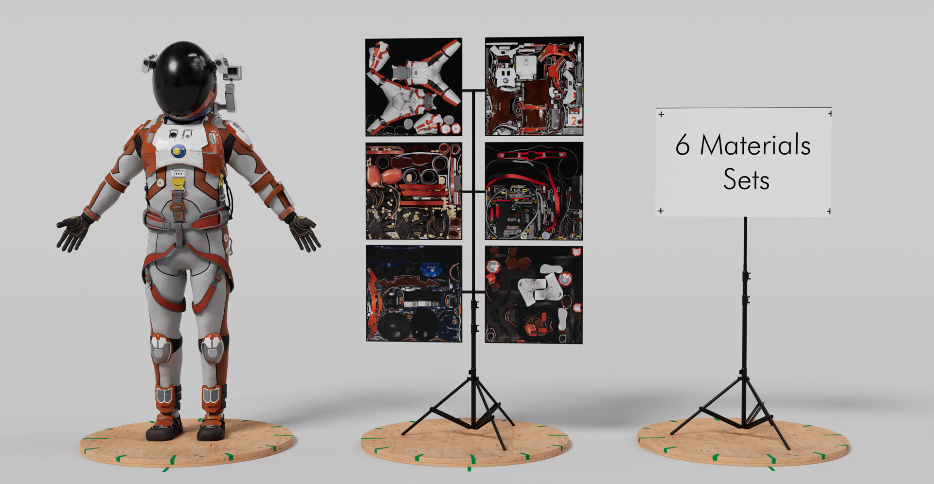 Astronaut suit beside six material sets