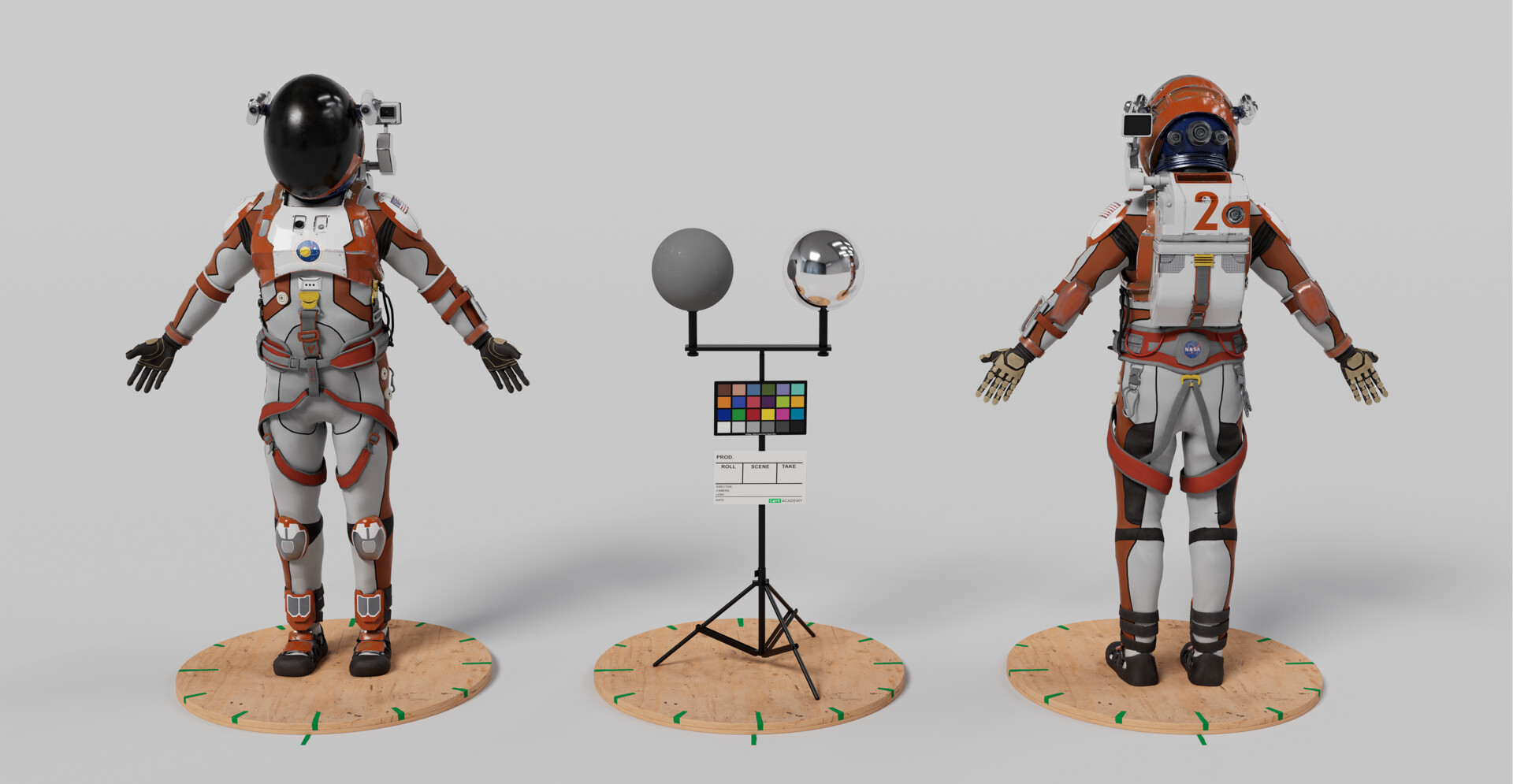 Front and back studio views of the astronaut suit with a reference chart